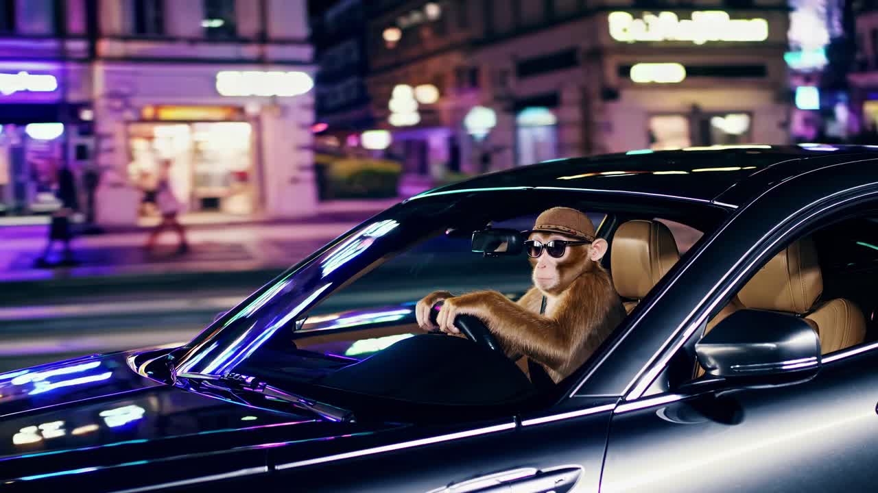 mono conduciendo un coche por la noche