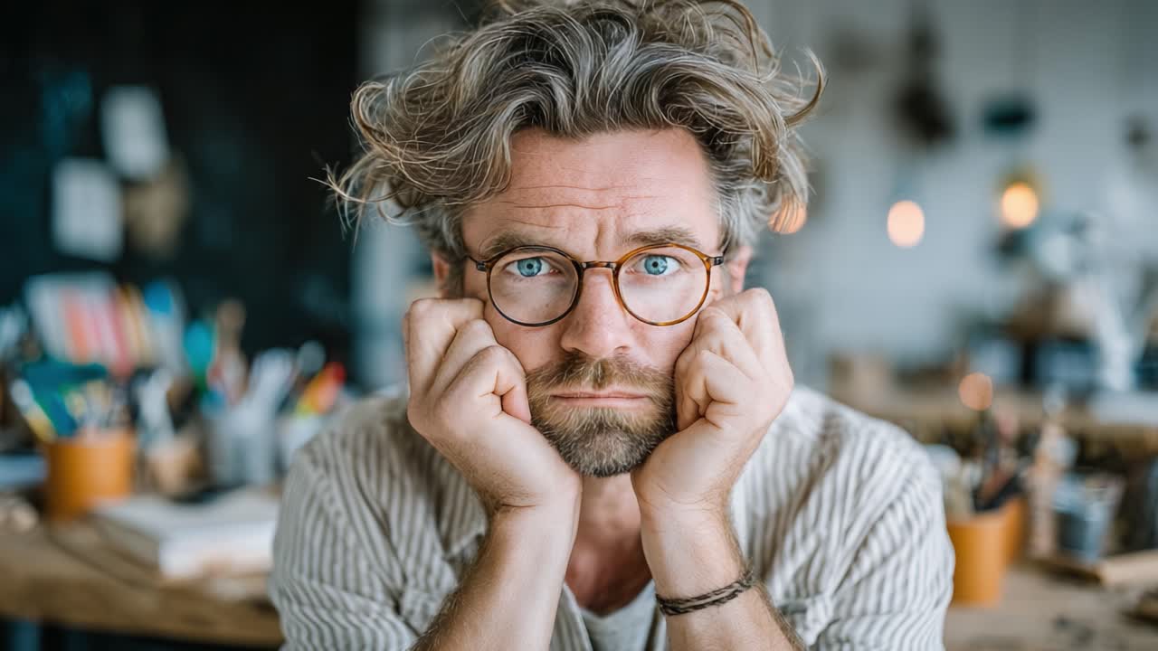 Contemplative Man in a Creative Space: A Journey Through a Thoughtful Moment Captured in a Cozy Environment Filled with Art Supplies and Inspiration