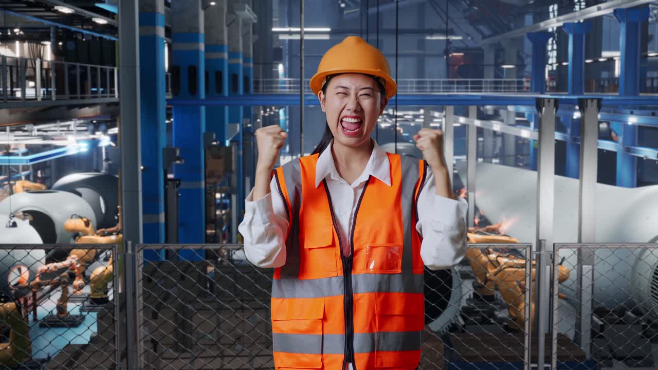 현대 공장에서 성공을 축하하는 행복한 여성 엔지니어