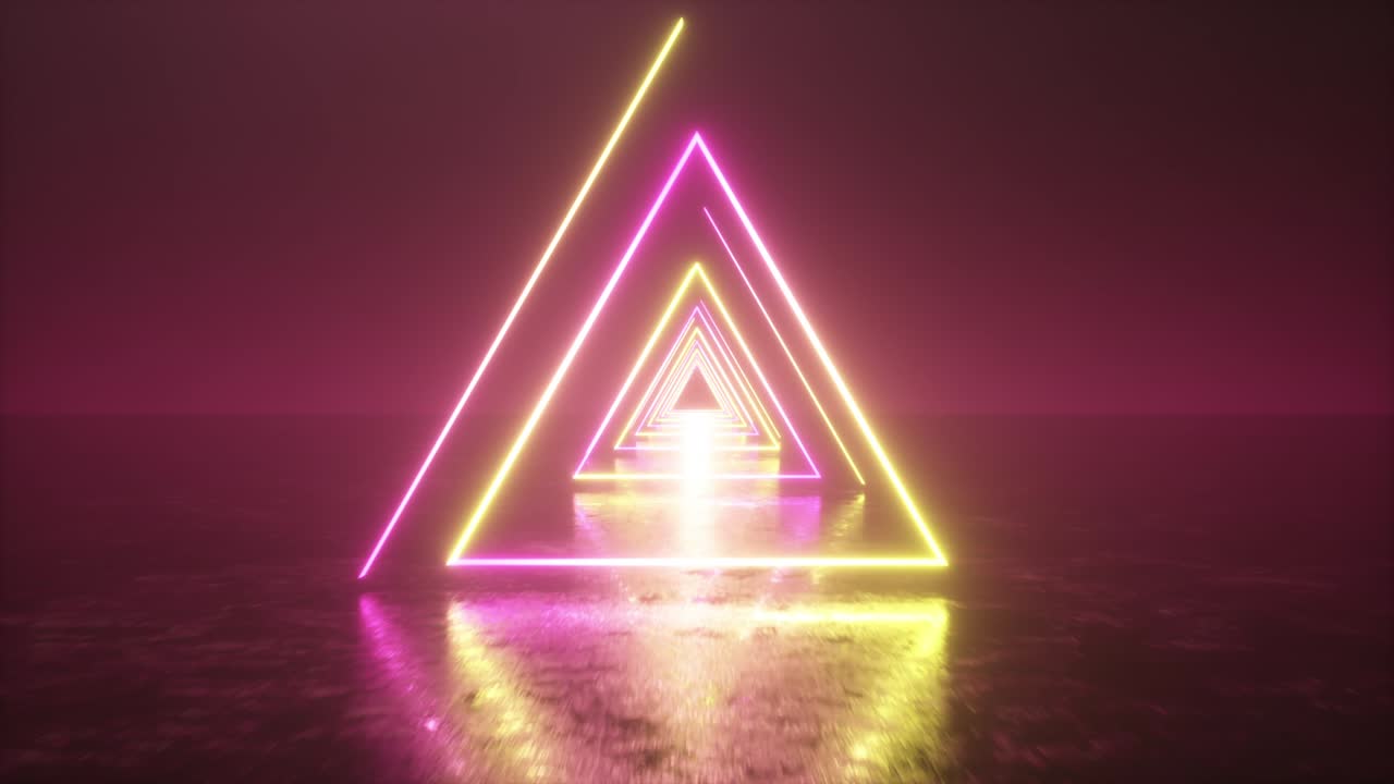 volando a través de triángulos de neón brillantes con suelo de metal creando un túnel, espectro amarillo rosa violeta, luz ultravioleta fluorescente, iluminación colorida moderna vj, animación de bucle sin costuras de 4k