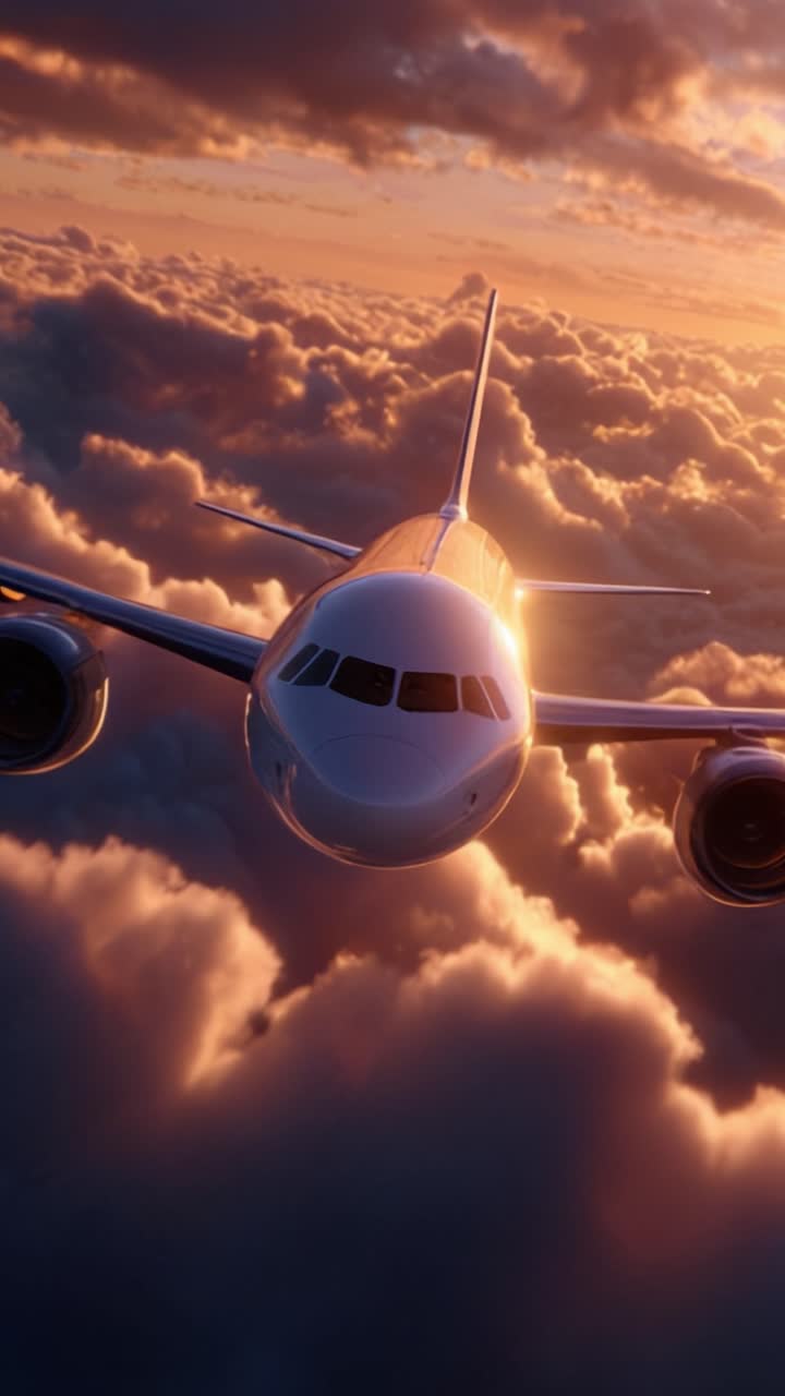 Vista aerea di un aereo moderno che si libra sopra nuvole soffici durante il tramonto, mettendo in mostra la bellezza dell'aviazione in un cielo vibrante e colorato, pieno di sfumature dorate.