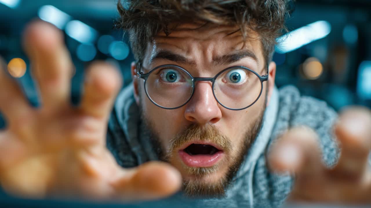 Astonished and Alarmed: A Close-Up Portrait of a Man Expressing Shock and Dismay with Wide Eyes and Outstretched Hands in a Dramatic Scene