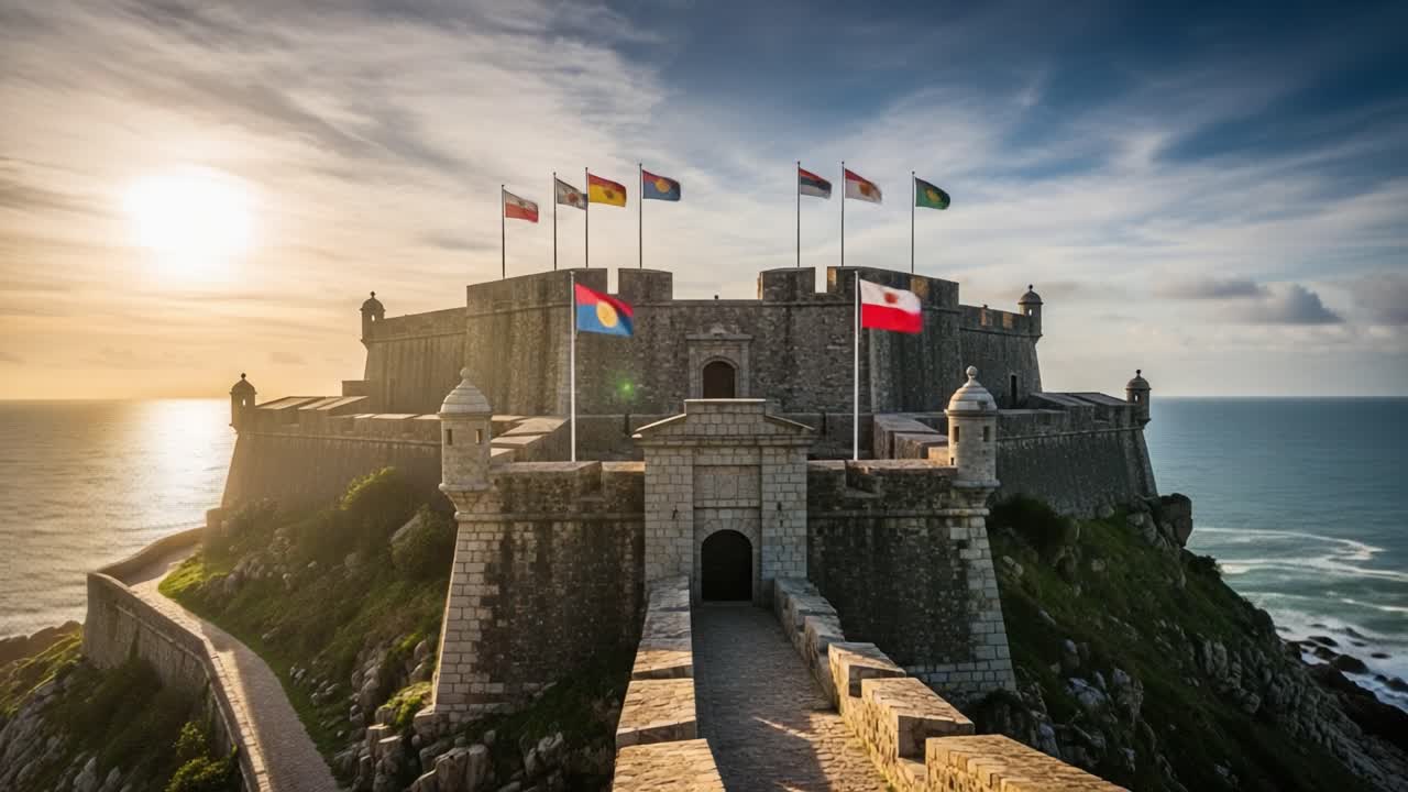 A Majestic Fortress Overlooking the Ocean at Sunset, Surrounded by Flags, Captured in Beautiful Light and Landscape with a Tranquil Seascape in the Background