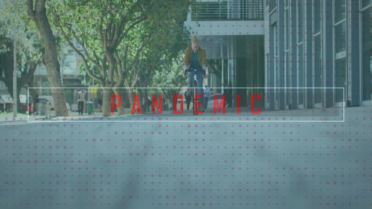 Cyclist riding on urban street with animation of Pandemic text and dotted pattern