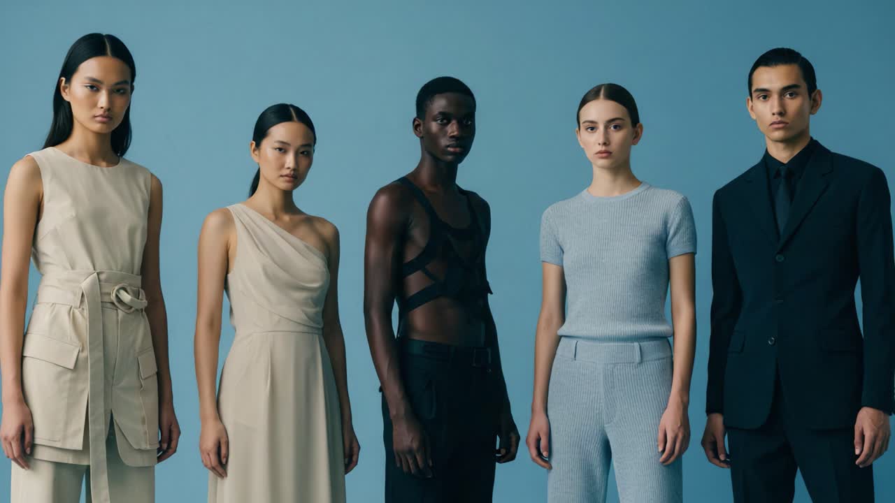 A Captivating Showcase of Modern Fashion: Diverse Models Stand Together Against a Soft Blue Background, Highlighting Contemporary Styles and Unique Designs