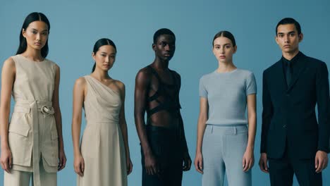 a captivating showcase of modern fashion: diverse models stand together against a soft blue background, highlighting contemporary styles and unique designs