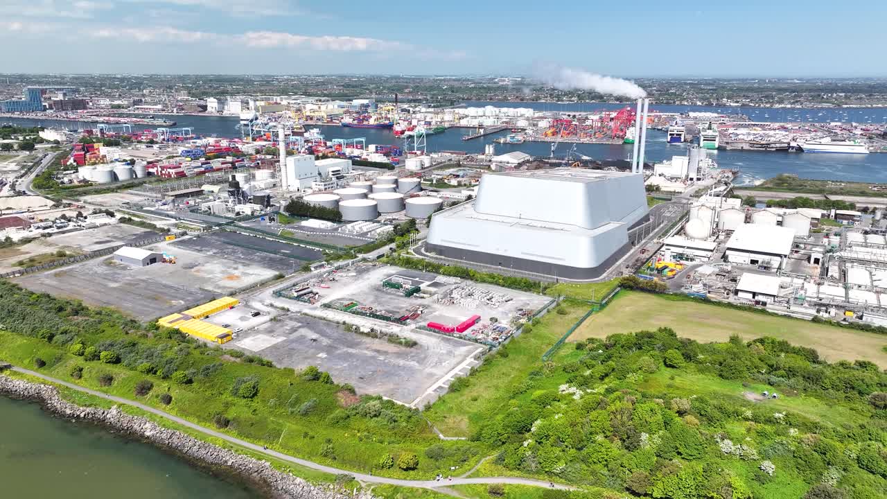 Aerial view of Covanta Plant in Dublin Docklands, waste management, electric power, industry.