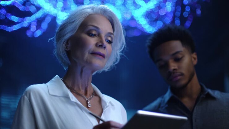 A Thoughtful Interaction Between Two Individuals in a Dimly Lit Room Surrounded by Mysterious Blue Lights, Highlighting a Moment of Focused Collaboration and Shared Insightful Engagement