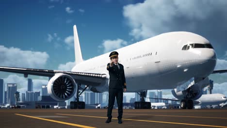 cuerpo lleno de piloto hombre asiático que señala a usted y desaprueba sin señal del dedo índice en el aeródromo con el avión en el fondo