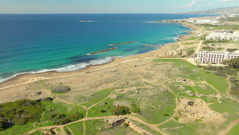 Aerial-view-of-the-historic-Tombs-of-the-Kings,-near-the-coast-of-Paphos,-Cyprus