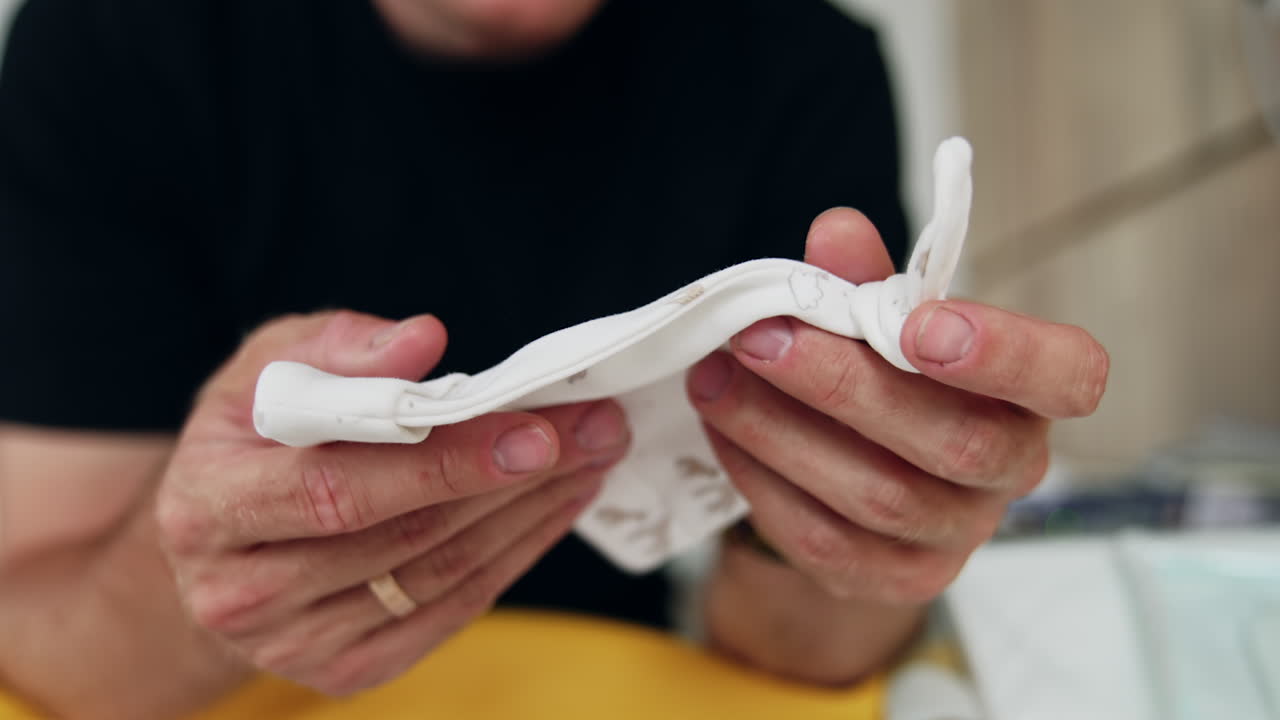 Hands of unrecognized man hold the tiny baby cap. Future father expecting for his newborn. Close up.