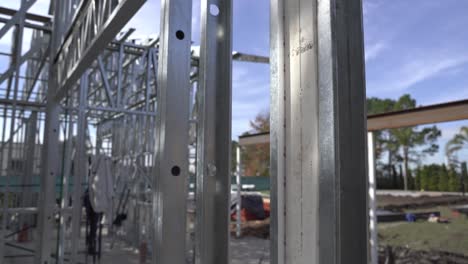 close up of steel wall framing at house construction site