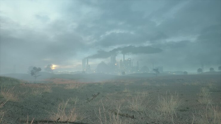 Industrial Plant Emitting Smoke Against A Hazy Sunset Sky