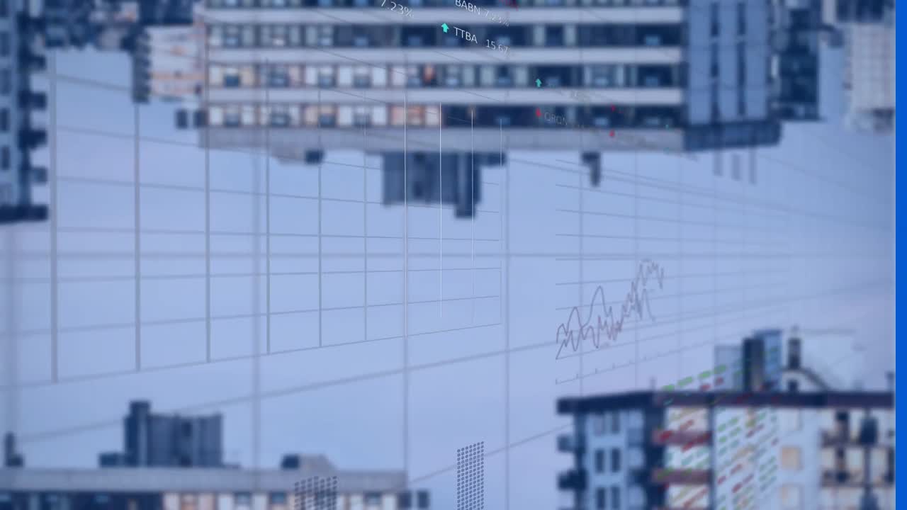 animación de múltiples gráficos y tableros de negociación en los edificios modernos de arriba hacia abajo