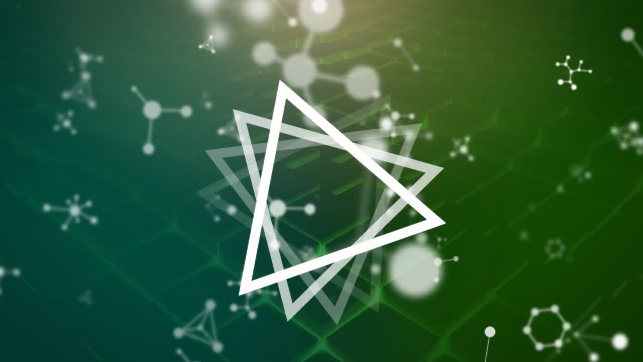 Animazione di molecole che si muovono sopra triangoli e una rete di connessioni.