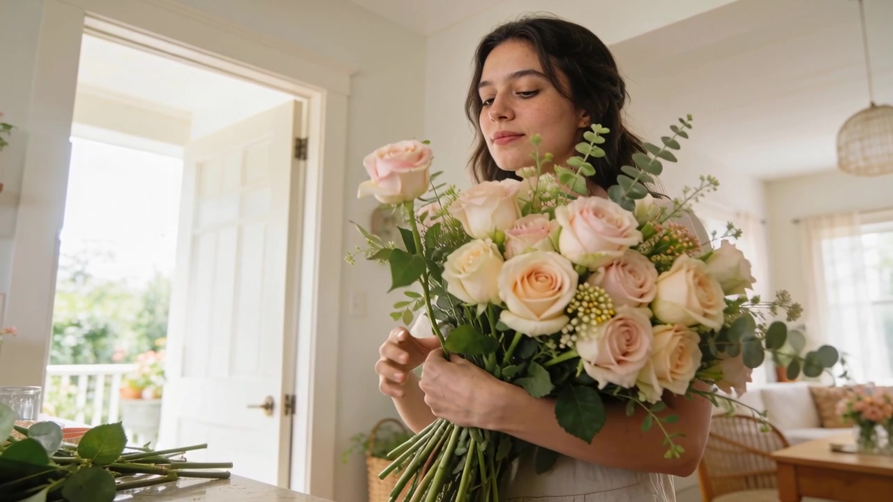 Donna in abito che esamina una rosa, mentre rifinisce e modella un bouquet di rose rosa con eucalipto in cucina.