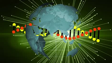 Animation-of-globe-with-dna-strand-spinning-over-globe-and-green-light-trails