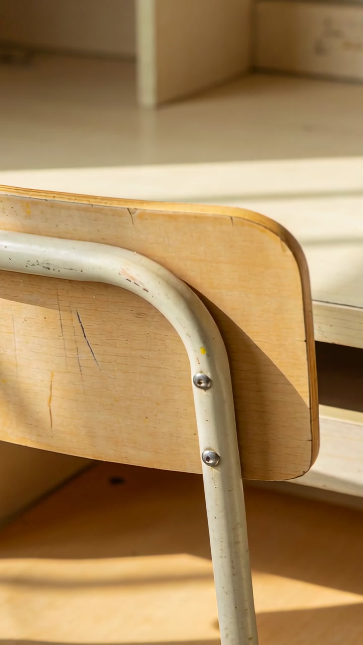 Vertical video: Panning camera showing wooden chair back, white tube screws at desk, tracking light