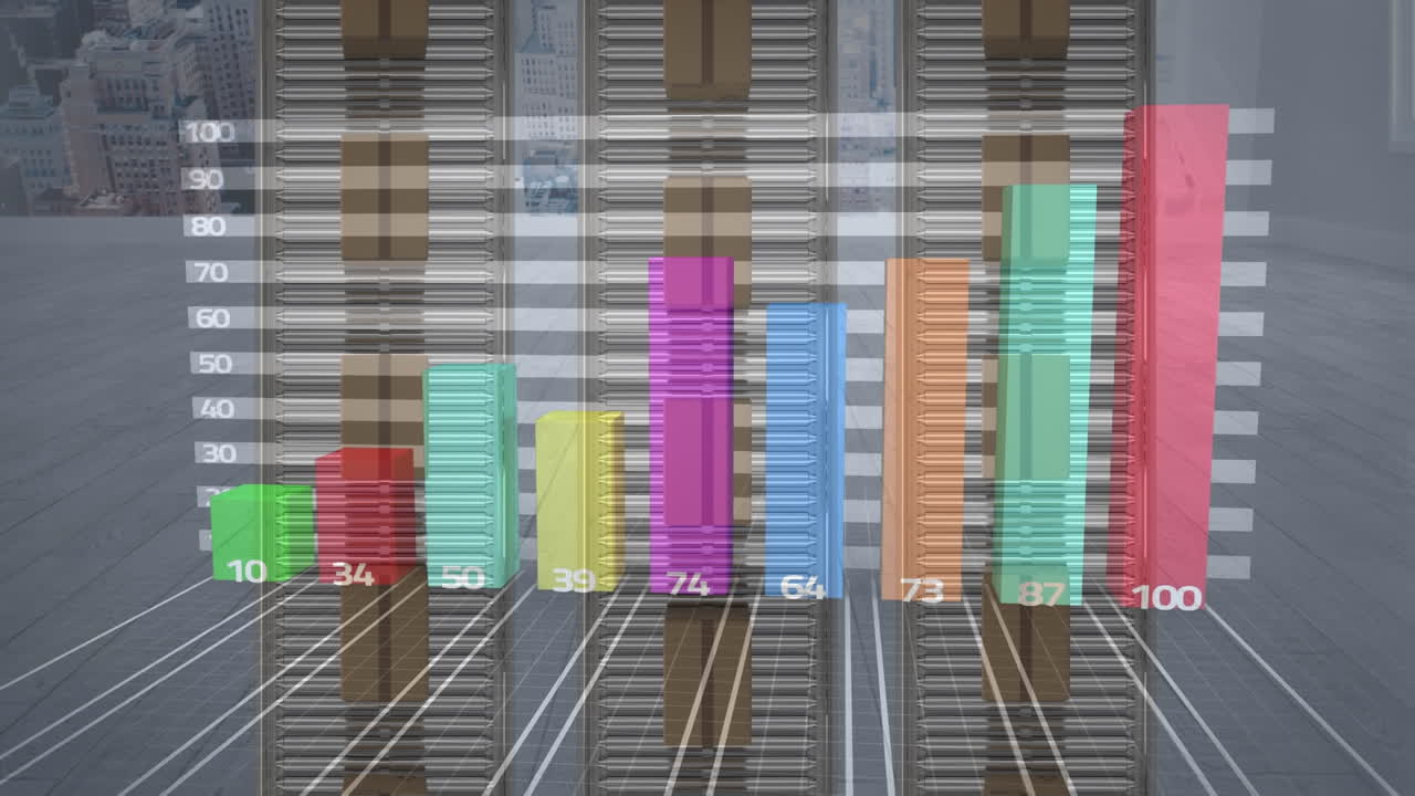 animación del procesamiento de estadísticas sobre cajas de cartón en cintas transportadoras