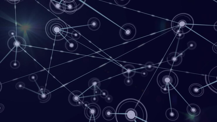Animazione di rete di connessioni su scie luminose su sfondo nero