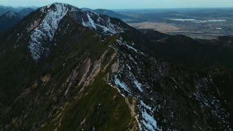 Cinematic-drone-aerial-at-Bavarian-Alps-mountains-at-Lake-Walchensee-and-Kochelsee-and-Alpine-Foothills