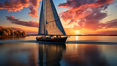 sailboat gliding across serene water at sunset with vibrant clouds
