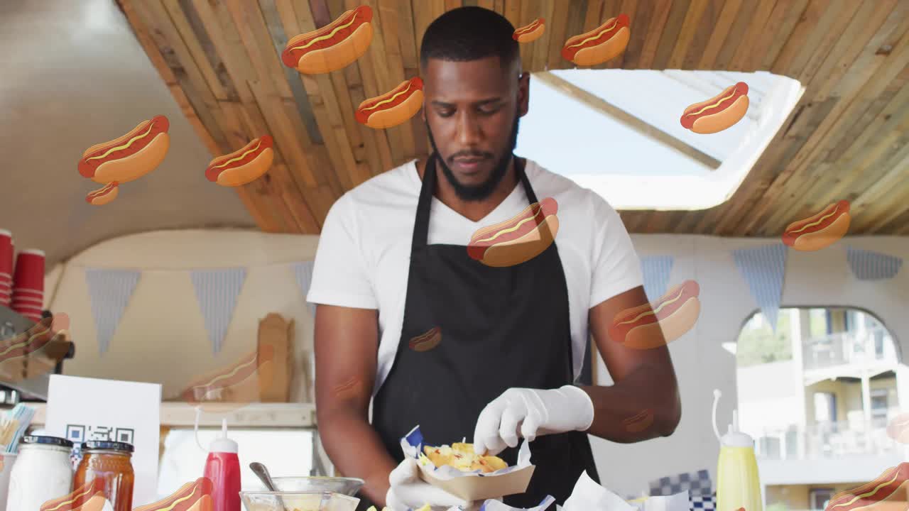 Serving food, man in apron with hot dog animation over kitchen background