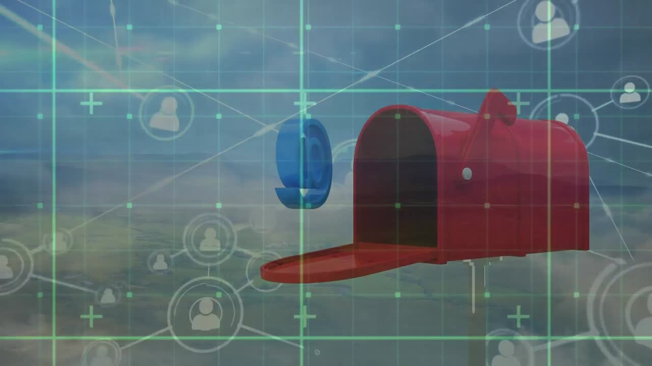 클라우드와 메일박스 위의 아이콘으로 연결 네트워크의 애니메이션