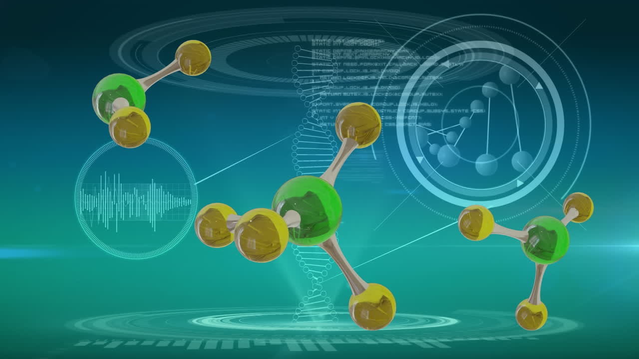 파란색 배경에 분자의 3d 마이크로, 데이터 처리 및 dna 줄무의 애니메이션
