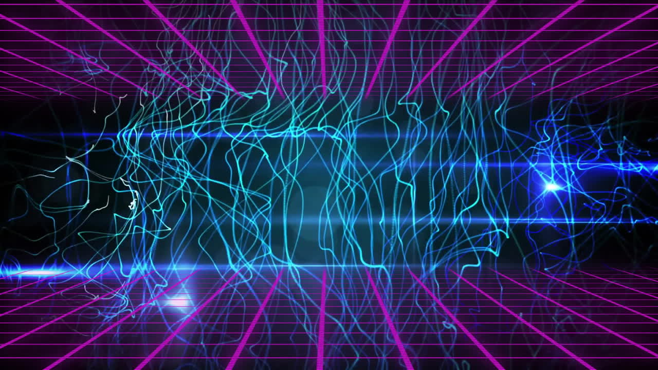 Animation of futuristic digital landscape with neon grid and abstract blue lines