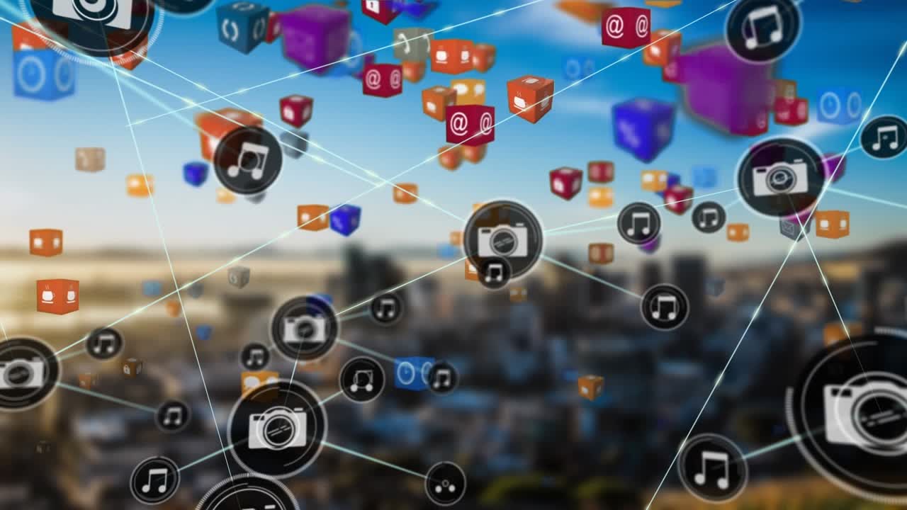 Animación de red de conexiones e iconos de redes sociales sobre un paisaje urbano.