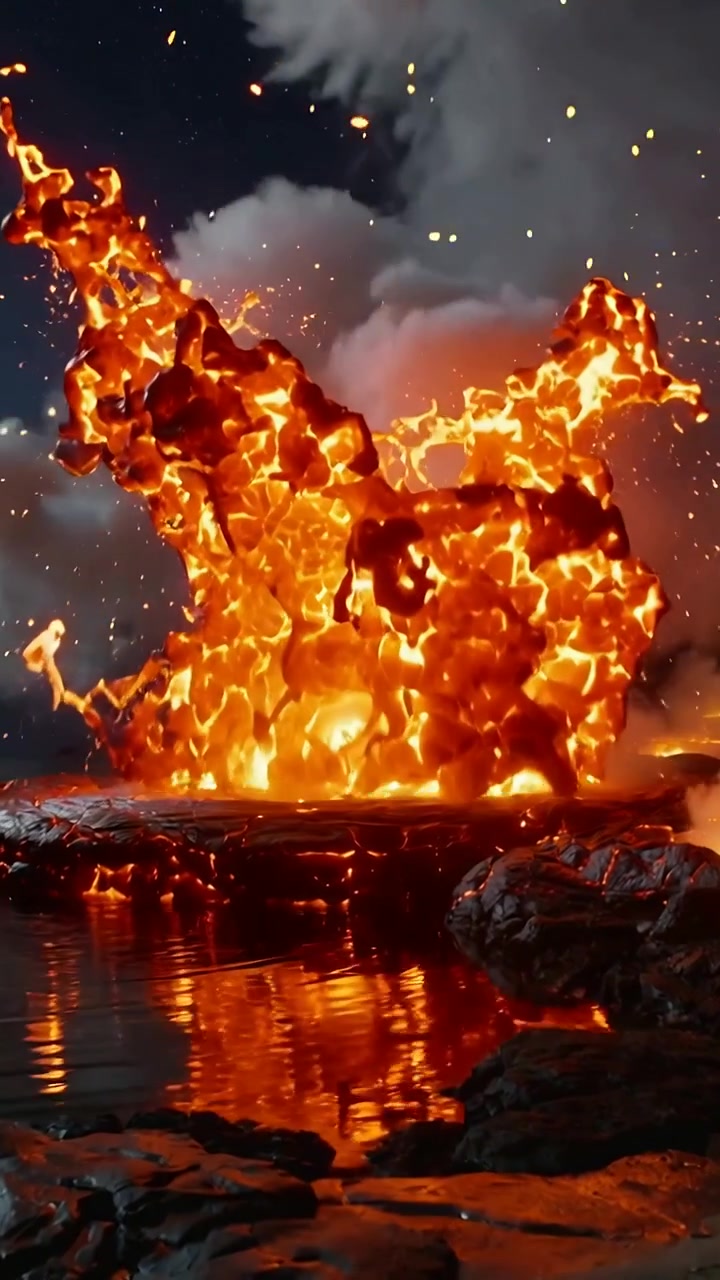 Vertikal video: Smeltet lavafontæne bryder ud ved kysten, møder havet og sender gløder og damp
