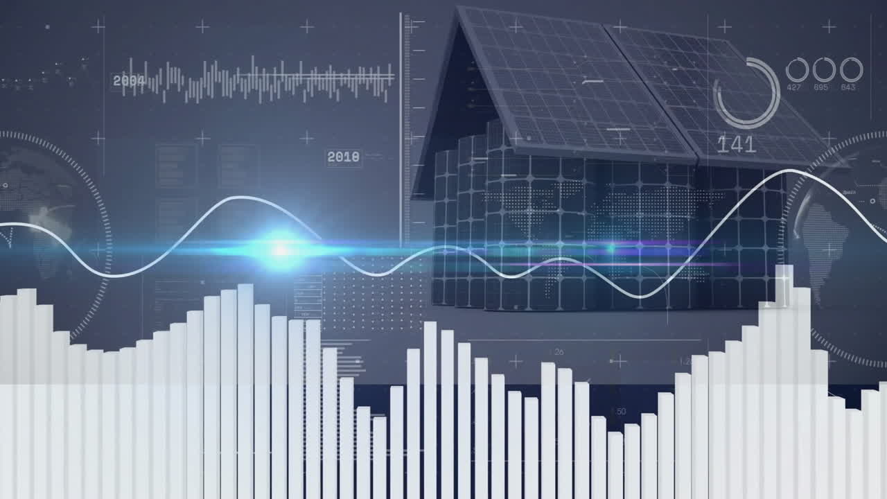 3D render solar house showing energy data while waveform graphs and histogram bars animating
