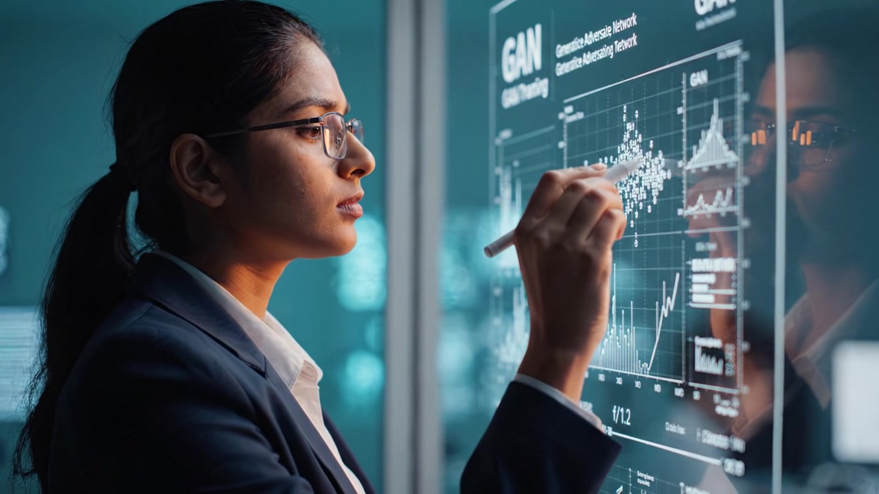 Analisi delle tendenze dei dati: Una professionista che utilizza la tecnologia GAN per interpretare visualizzazioni grafiche su un'interfaccia digitale in un ambiente di lavoro moderno