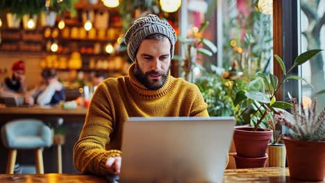 man working on a laptop in a cozy cafe