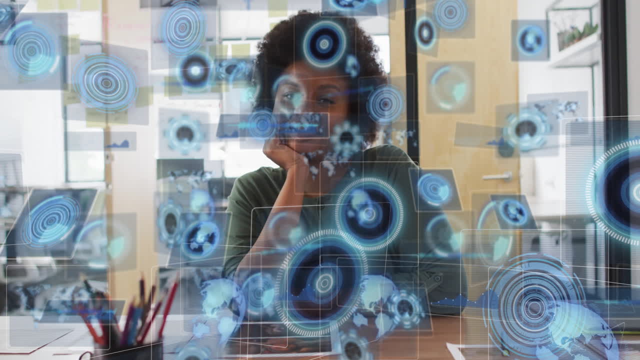 In office, businesswoman working with digital data processing animation overlay