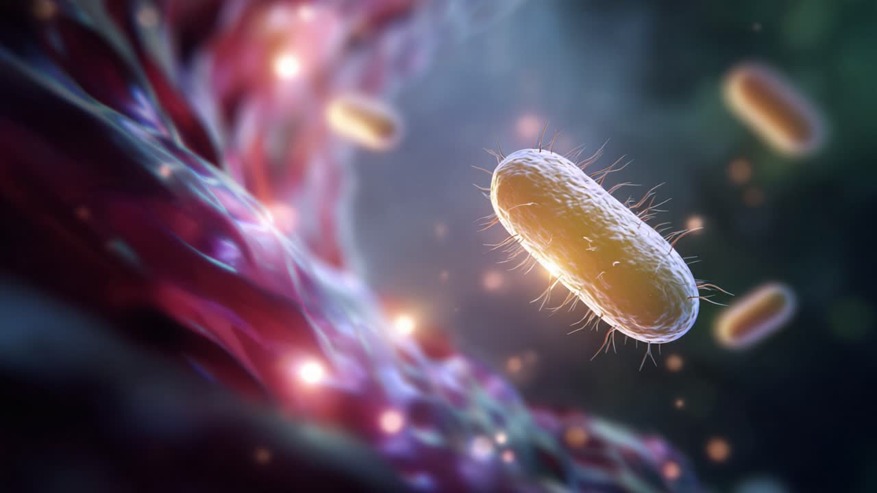 Microscopic View of Bacteria with Vibrant Background and Cellular Structures, Highlighting Intricate Details of Microbial Life and Its Surroundings