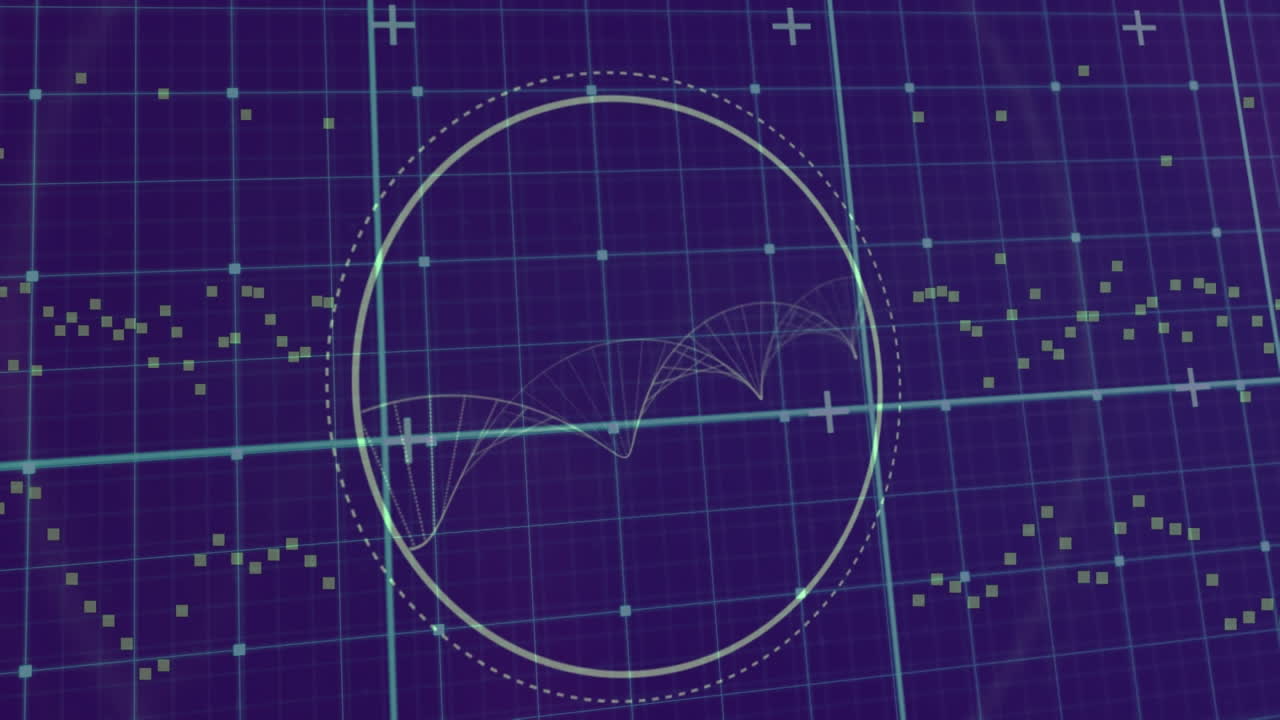 원형 스캐너와 헬릭스를 형성하는 입자의 애니메이션을 그리드에서 데이터를 처리합니다.