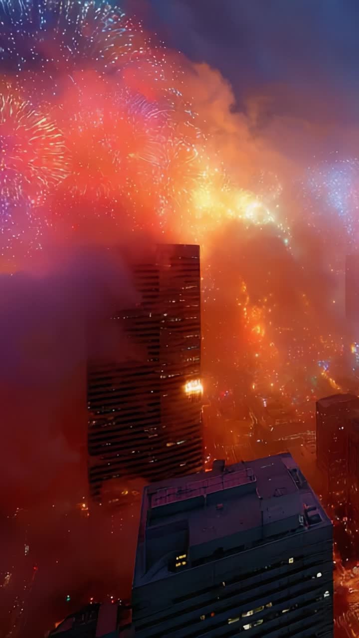 Spectacular Night Sky Illuminated by Vibrant Fireworks Over Urban Skyline with Billowing Clouds and Fiery Colors Creating a Breathtaking View