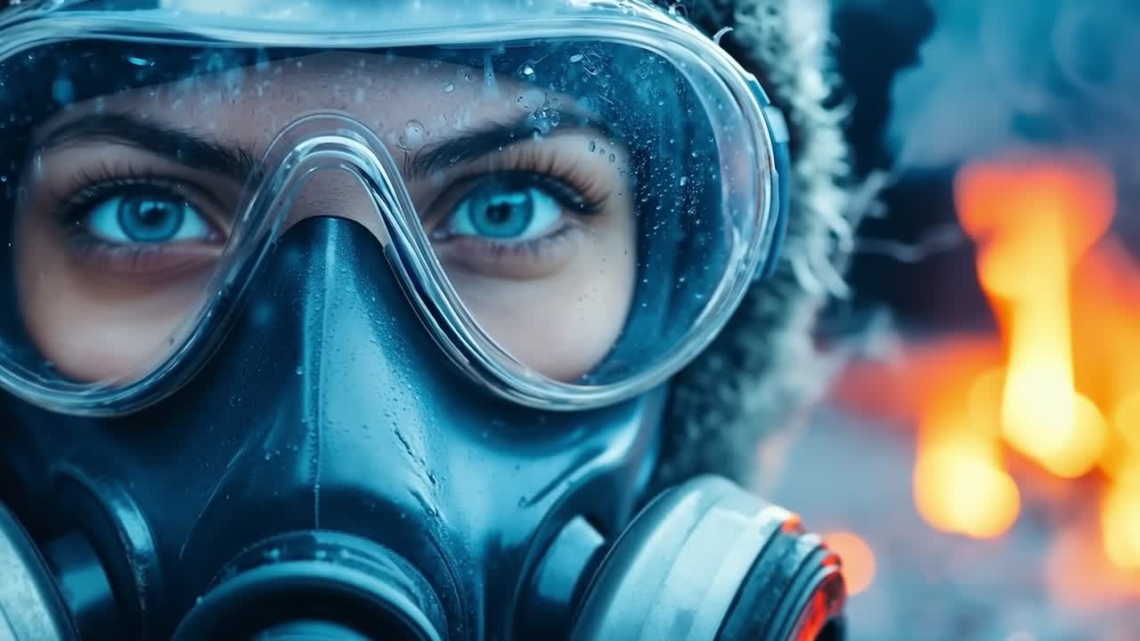 una mujer con una máscara de gas frente a un fuego