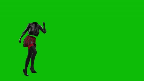 mujer invencible en 3d con chaqueta de cuero, falda corta y tacones altos, bailando en pantalla verde, animación en 3d