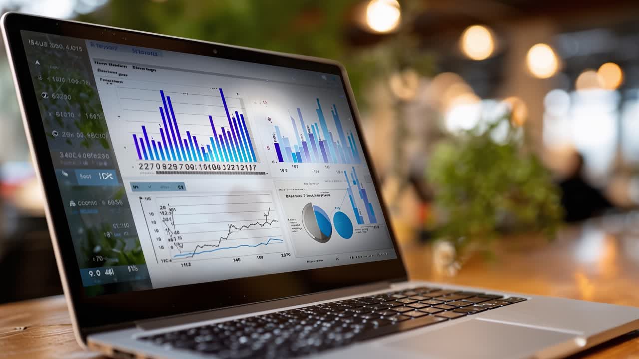 Datavisualisering på bærbar PC: Analysere trender og innsikt gjennom grafer og diagrammer i et moderne arbeidsområde med livlig bakgrunnsatmosfære