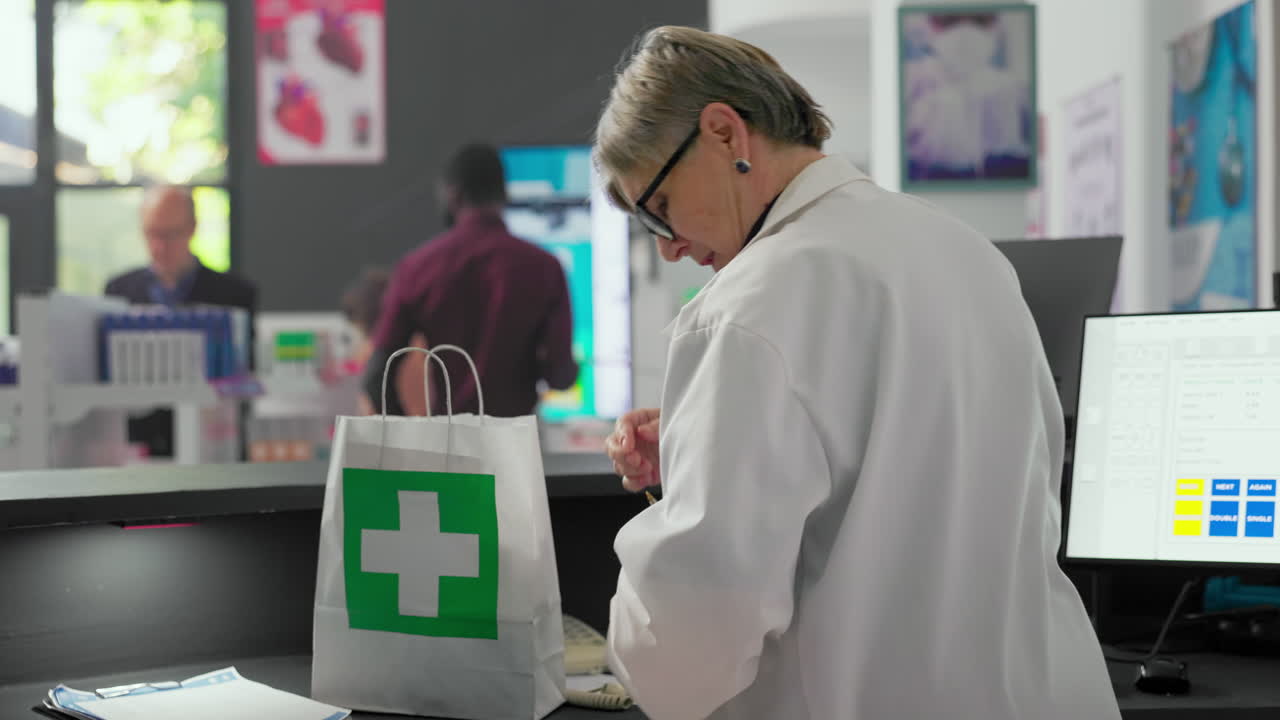 Pharmacy with pharmacist helping customers