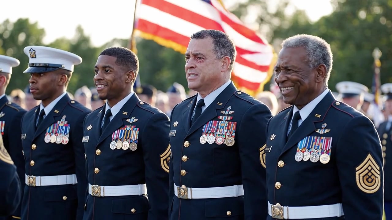 Onore al servizio: Un gruppo di personale militare in uniforme sta orgogliosamente a una cerimonia con una bandiera americana che sventola sullo sfondo durante un'occasione memorabile.