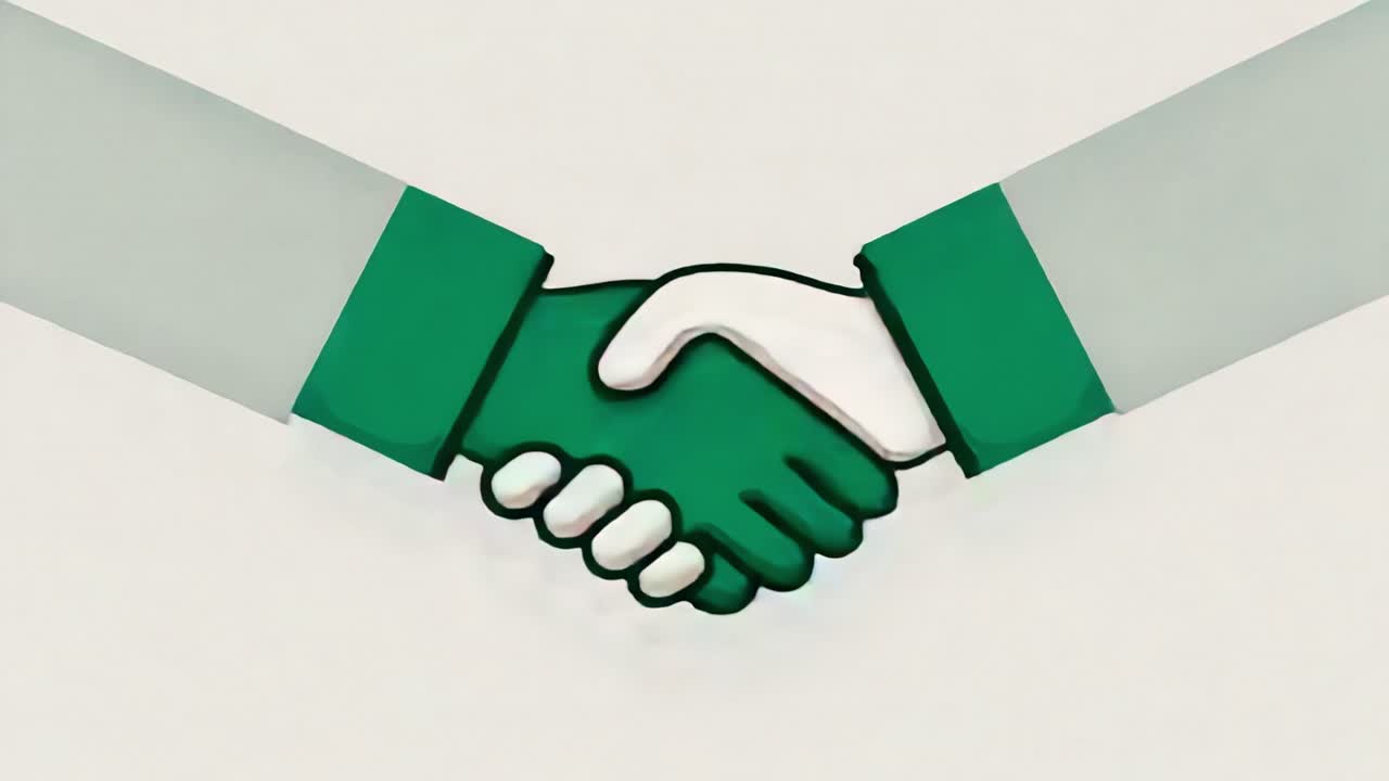 Animated illustration of two hands shaking in a gesture of agreement, partnership, and cooperation. Clean, simple graphic representing a successful deal, welcome, or business collaboration