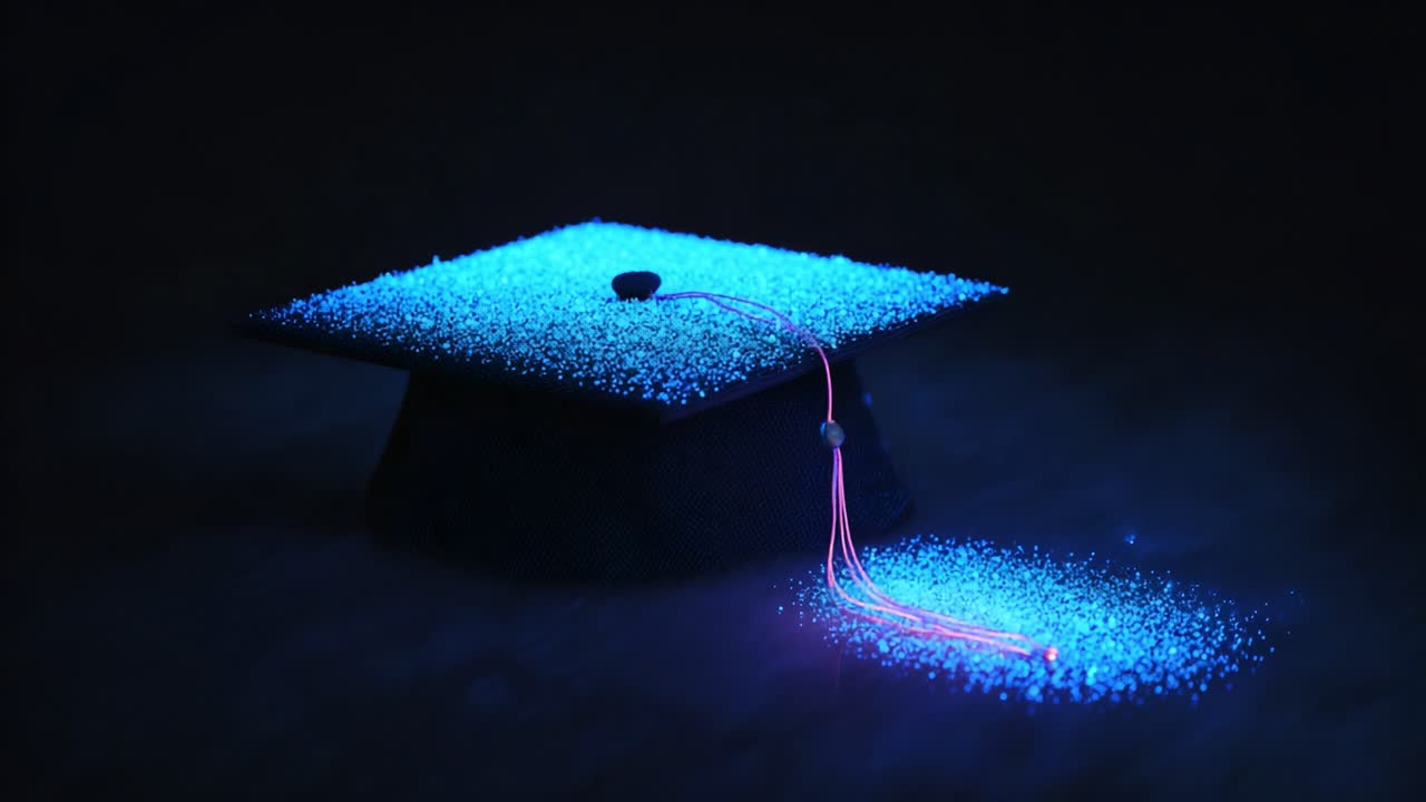 Una vista affascinante di un cappello da laurea circondato da particelle luminose, che evidenzia l'essenza del successo, dell'istruzione e la luminosità delle opportunità future in un'ambientazione mistica
