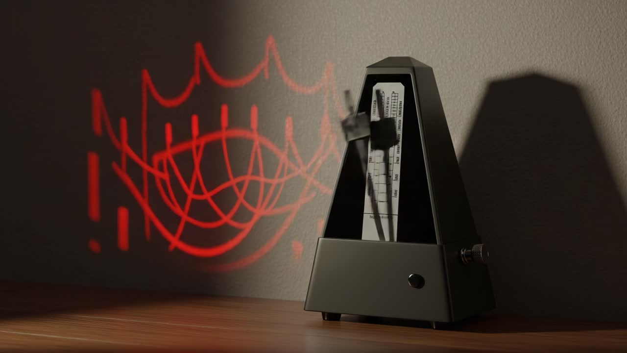 A Close-Up of a Metronome Displaying Rhythm Patterns and Casting a Unique Shadow, Showcasing the Intricate Connection Between Time and Music