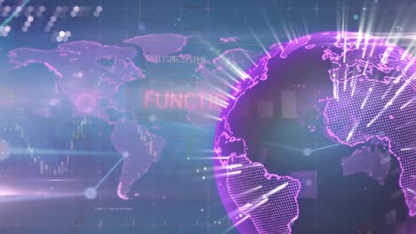 Animation-of-rotating-globe,-circles,-graphs-,-text-and-connected-dots-over-map-in-background