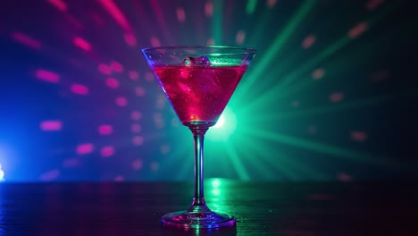 vibrant cocktail served in a classic martini glass, illuminated by colorful lights that create a mesmerizing backdrop of radiating beams in a celebratory atmosphere.