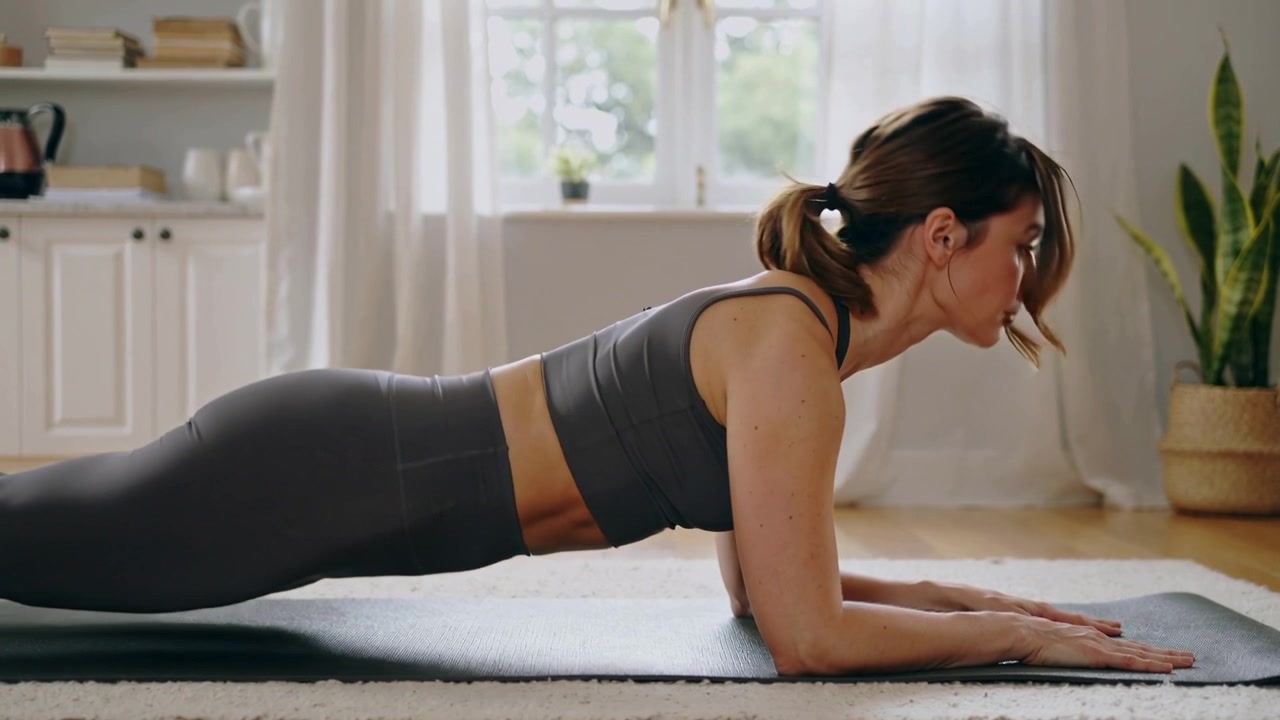 Starting forearm plank, woman in grey set lowering chest, lifting torso, toning core on dark mat